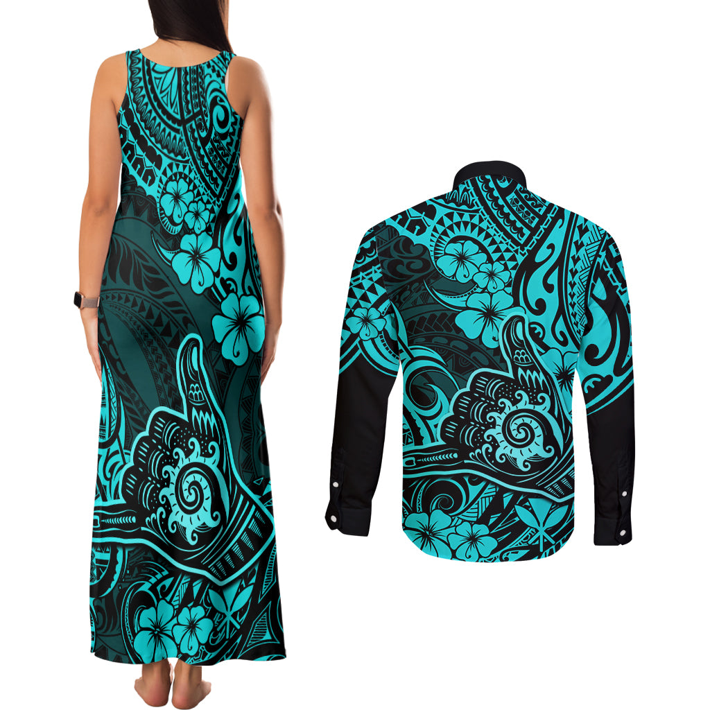Hawaii Shaka Sign Couples Matching Tank Maxi Dress and Long Sleeve Button Shirts Polynesian Pattern Turquoise Version - Wonder Print Shop