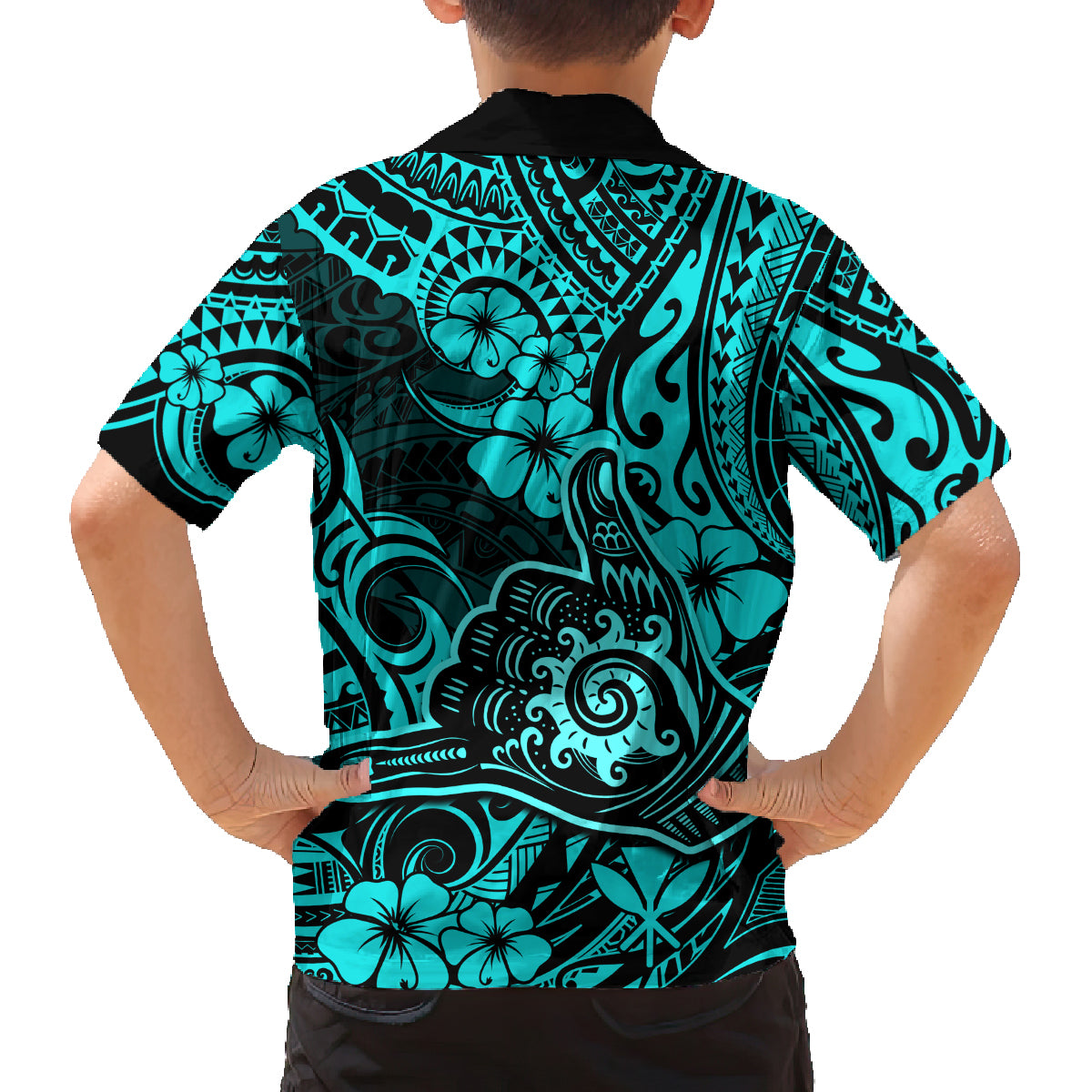 Hawaii Shaka Sign Family Matching Long Sleeve Bodycon Dress and Hawaiian Shirt Polynesian Pattern Turquoise Version - Wonder Print Shop