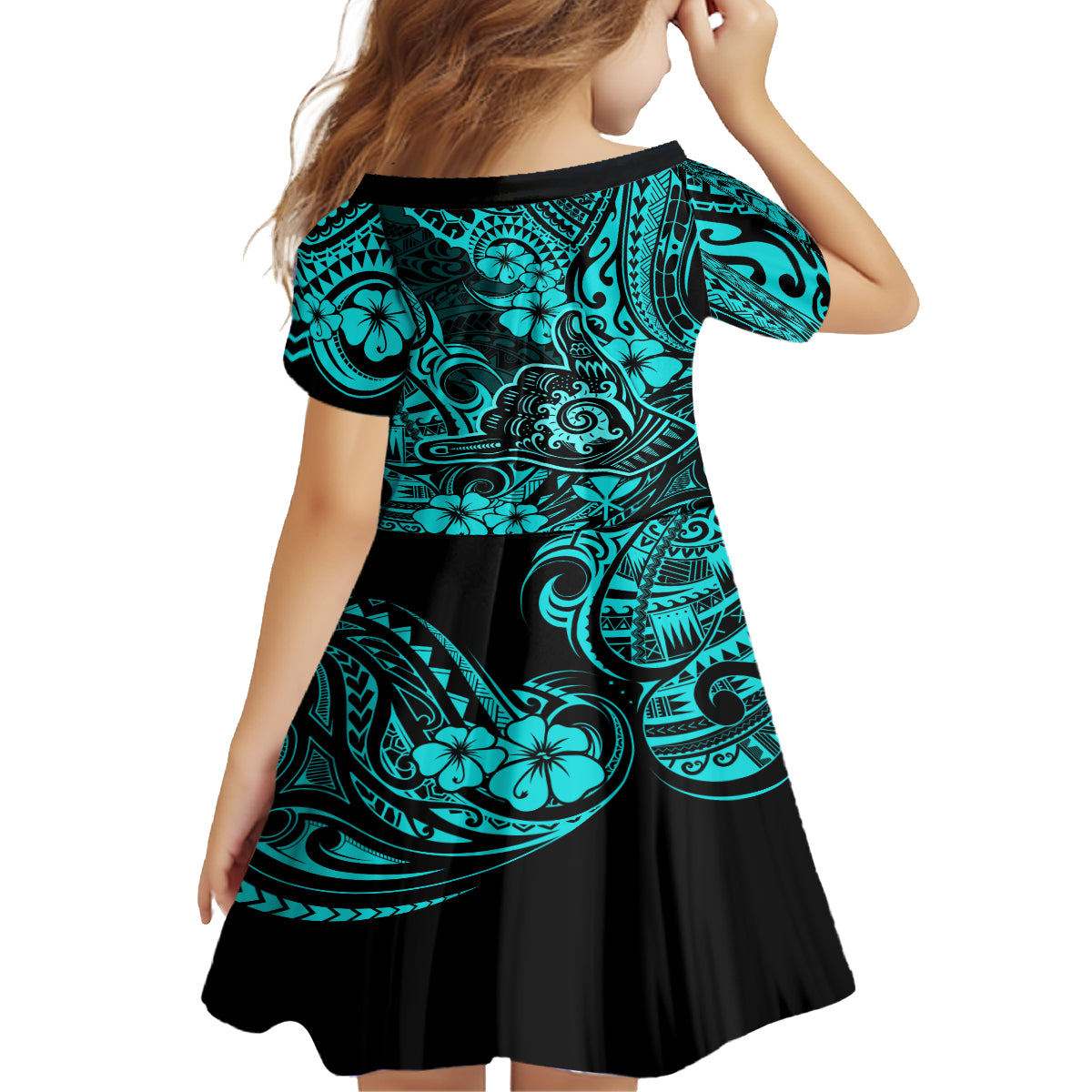 Hawaii Shaka Sign Family Matching Long Sleeve Bodycon Dress and Hawaiian Shirt Polynesian Pattern Turquoise Version - Wonder Print Shop