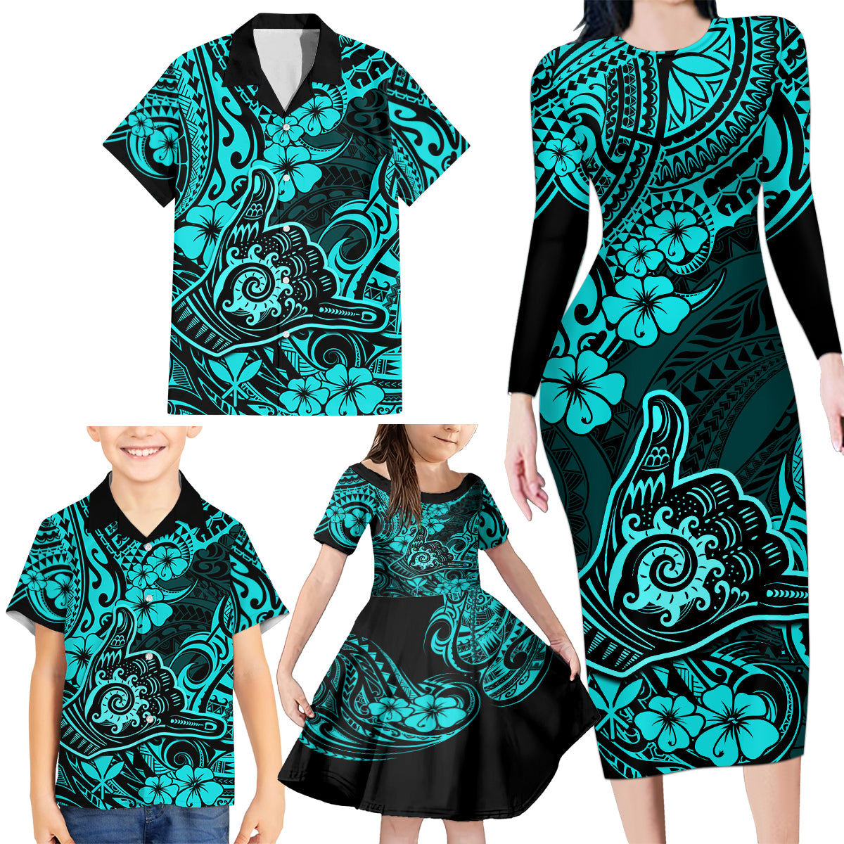 Hawaii Shaka Sign Family Matching Long Sleeve Bodycon Dress and Hawaiian Shirt Polynesian Pattern Turquoise Version - Wonder Print Shop