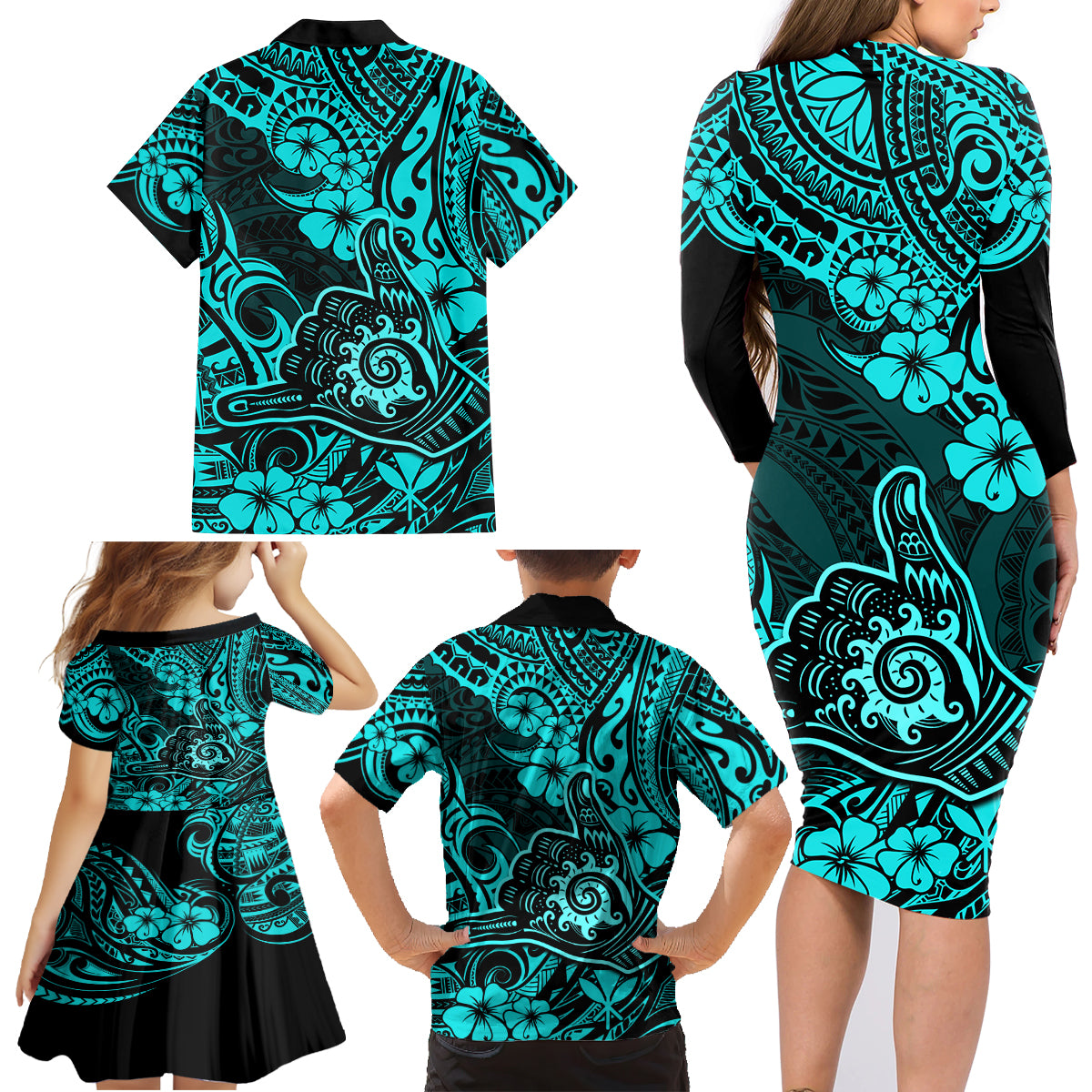 Hawaii Shaka Sign Family Matching Long Sleeve Bodycon Dress and Hawaiian Shirt Polynesian Pattern Turquoise Version - Wonder Print Shop