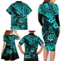 Hawaii Shaka Sign Family Matching Long Sleeve Bodycon Dress and Hawaiian Shirt Polynesian Pattern Turquoise Version - Wonder Print Shop