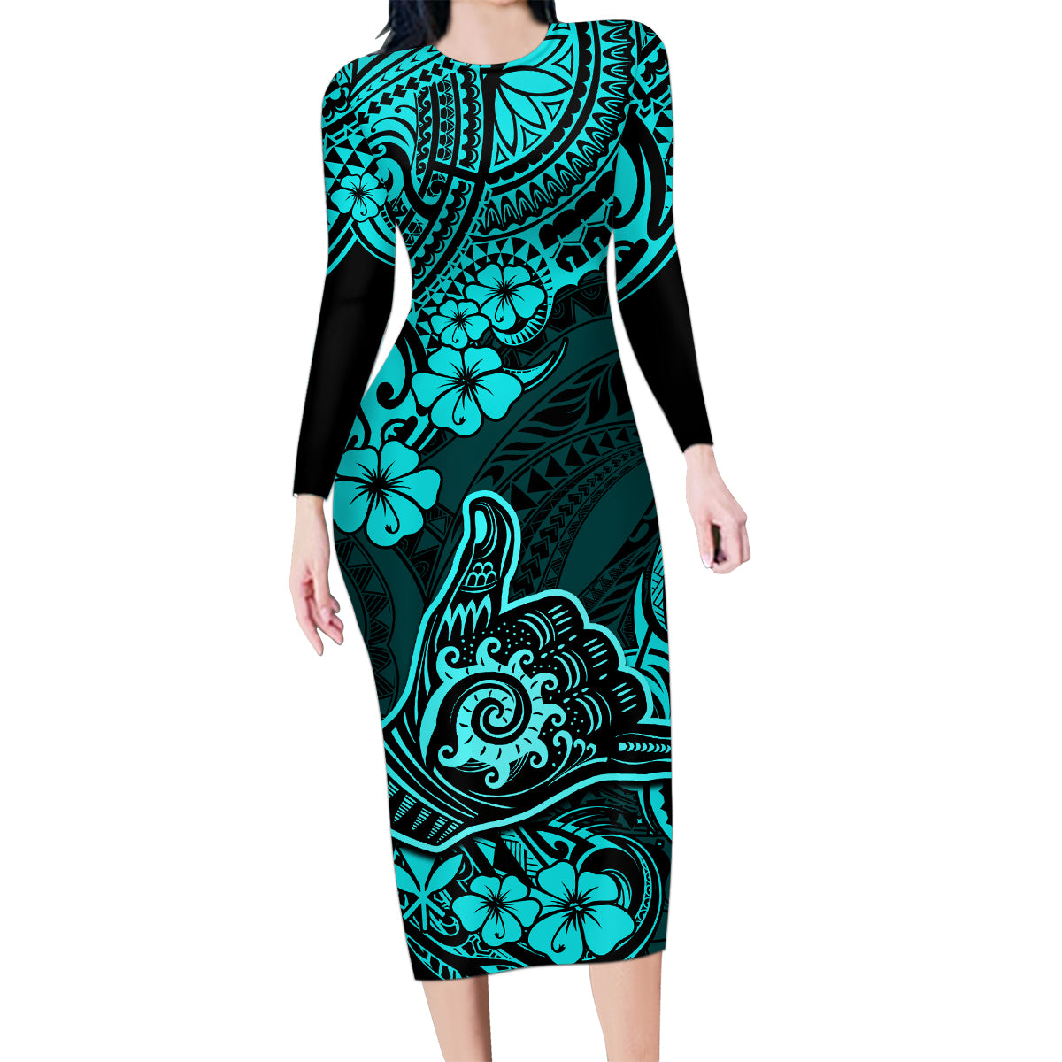 Hawaii Shaka Sign Family Matching Long Sleeve Bodycon Dress and Hawaiian Shirt Polynesian Pattern Turquoise Version - Wonder Print Shop