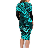 Hawaii Shaka Sign Family Matching Long Sleeve Bodycon Dress and Hawaiian Shirt Polynesian Pattern Turquoise Version - Wonder Print Shop