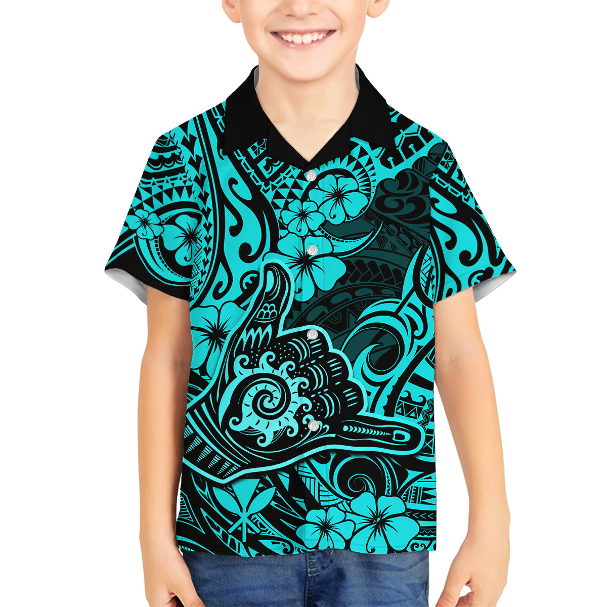 Hawaii Shaka Sign Family Matching Long Sleeve Bodycon Dress and Hawaiian Shirt Polynesian Pattern Turquoise Version - Wonder Print Shop