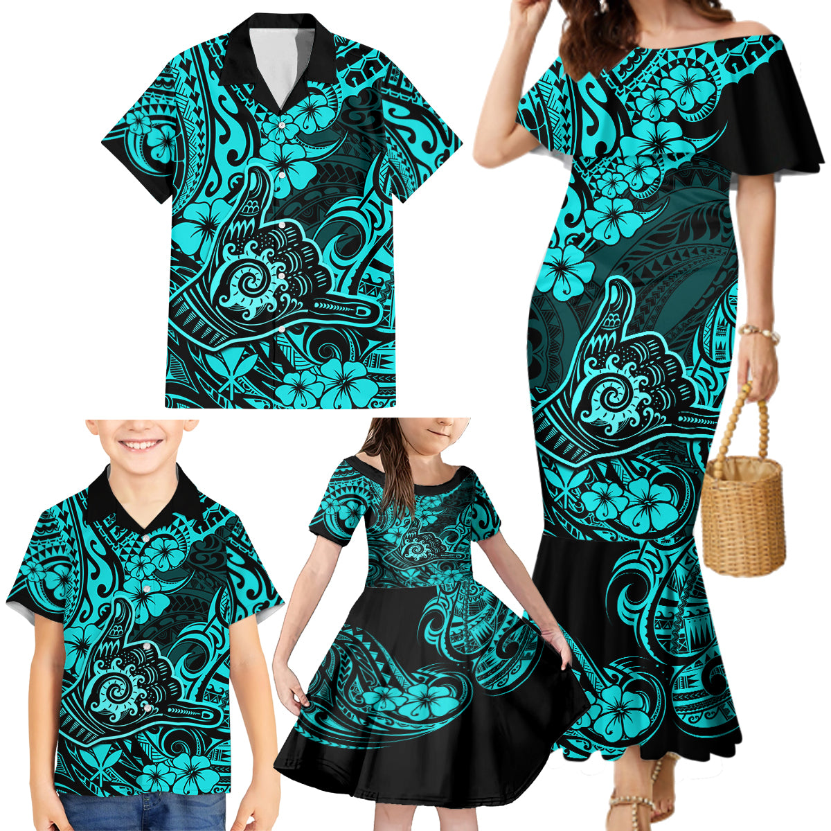 Hawaii Shaka Sign Family Matching Mermaid Dress and Hawaiian Shirt Polynesian Pattern Turquoise Version - Wonder Print Shop