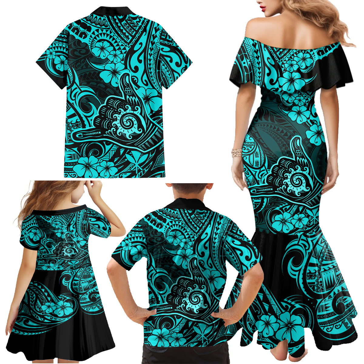Hawaii Shaka Sign Family Matching Mermaid Dress and Hawaiian Shirt Polynesian Pattern Turquoise Version - Wonder Print Shop