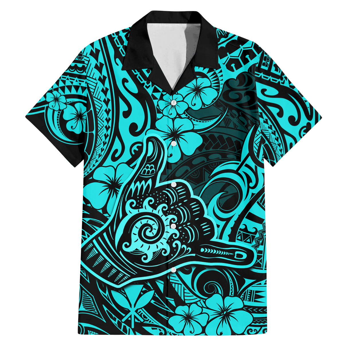 Hawaii Shaka Sign Family Matching Mermaid Dress and Hawaiian Shirt Polynesian Pattern Turquoise Version - Wonder Print Shop