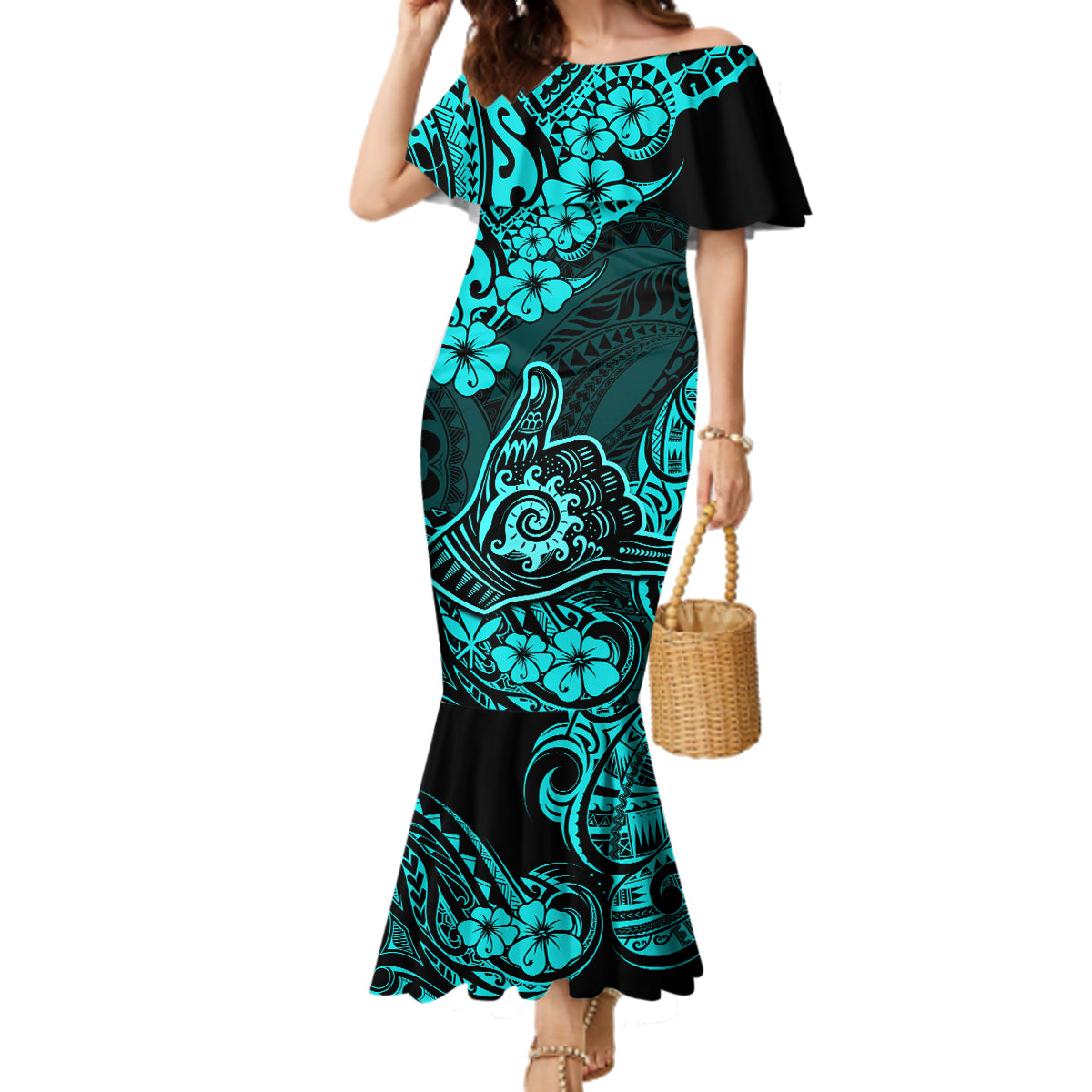 Hawaii Shaka Sign Family Matching Mermaid Dress and Hawaiian Shirt Polynesian Pattern Turquoise Version - Wonder Print Shop