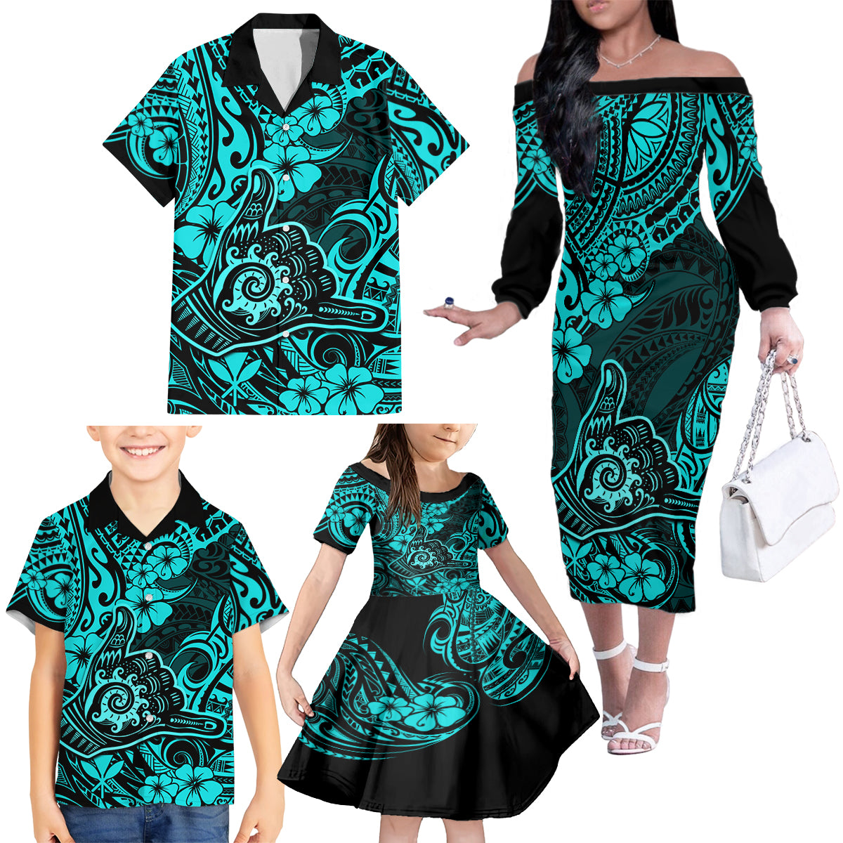 Hawaii Shaka Sign Family Matching Off Shoulder Long Sleeve Dress and Hawaiian Shirt Polynesian Pattern Turquoise Version - Wonder Print Shop