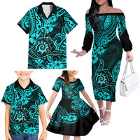 Hawaii Shaka Sign Family Matching Off Shoulder Long Sleeve Dress and Hawaiian Shirt Polynesian Pattern Turquoise Version - Wonder Print Shop