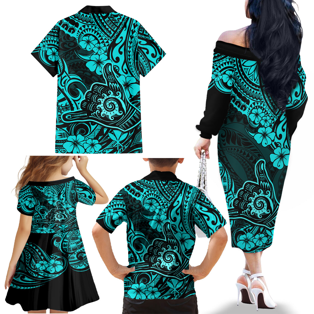 Hawaii Shaka Sign Family Matching Off Shoulder Long Sleeve Dress and Hawaiian Shirt Polynesian Pattern Turquoise Version - Wonder Print Shop