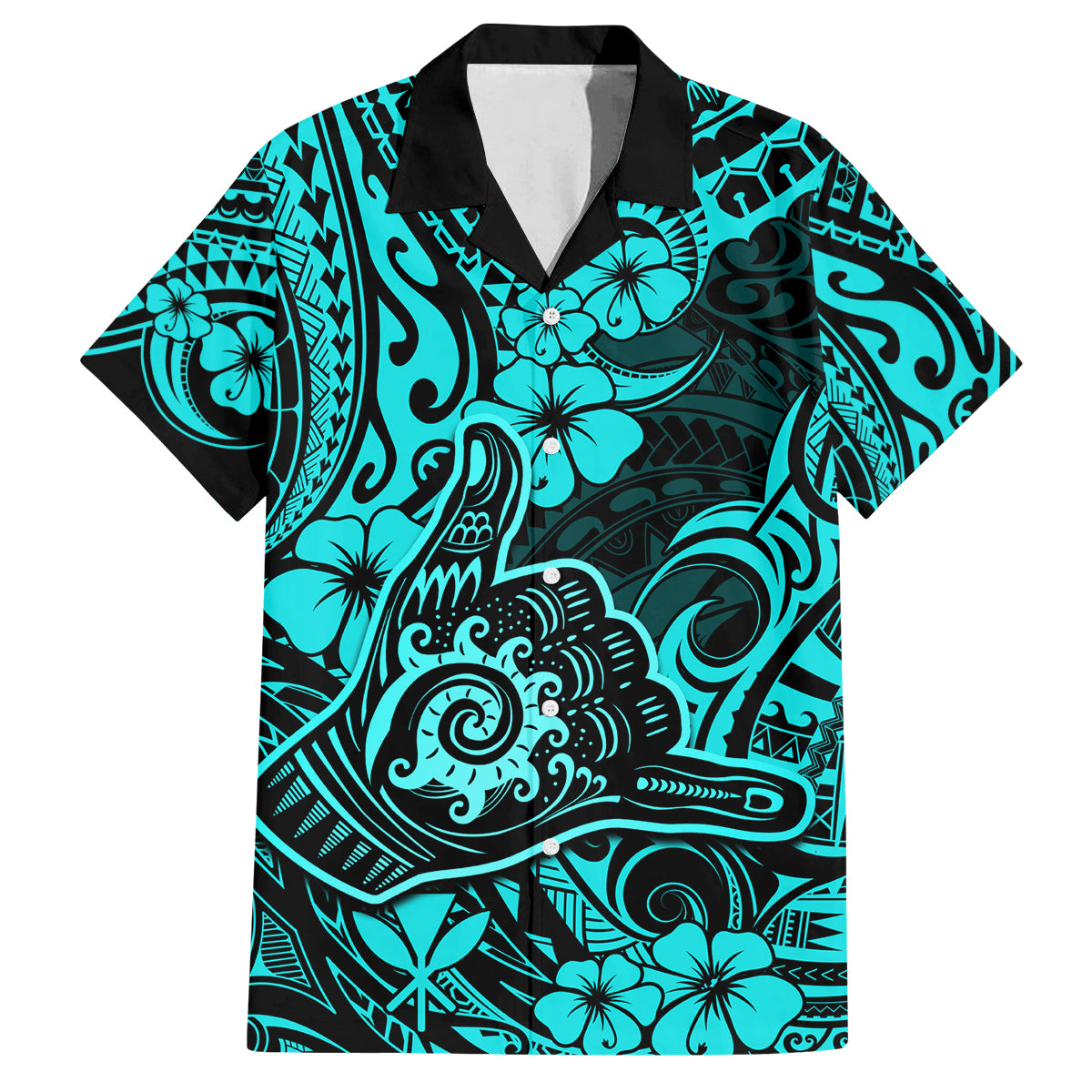 Hawaii Shaka Sign Family Matching Off Shoulder Long Sleeve Dress and Hawaiian Shirt Polynesian Pattern Turquoise Version - Wonder Print Shop