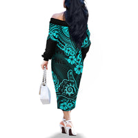 Hawaii Shaka Sign Family Matching Off Shoulder Long Sleeve Dress and Hawaiian Shirt Polynesian Pattern Turquoise Version - Wonder Print Shop