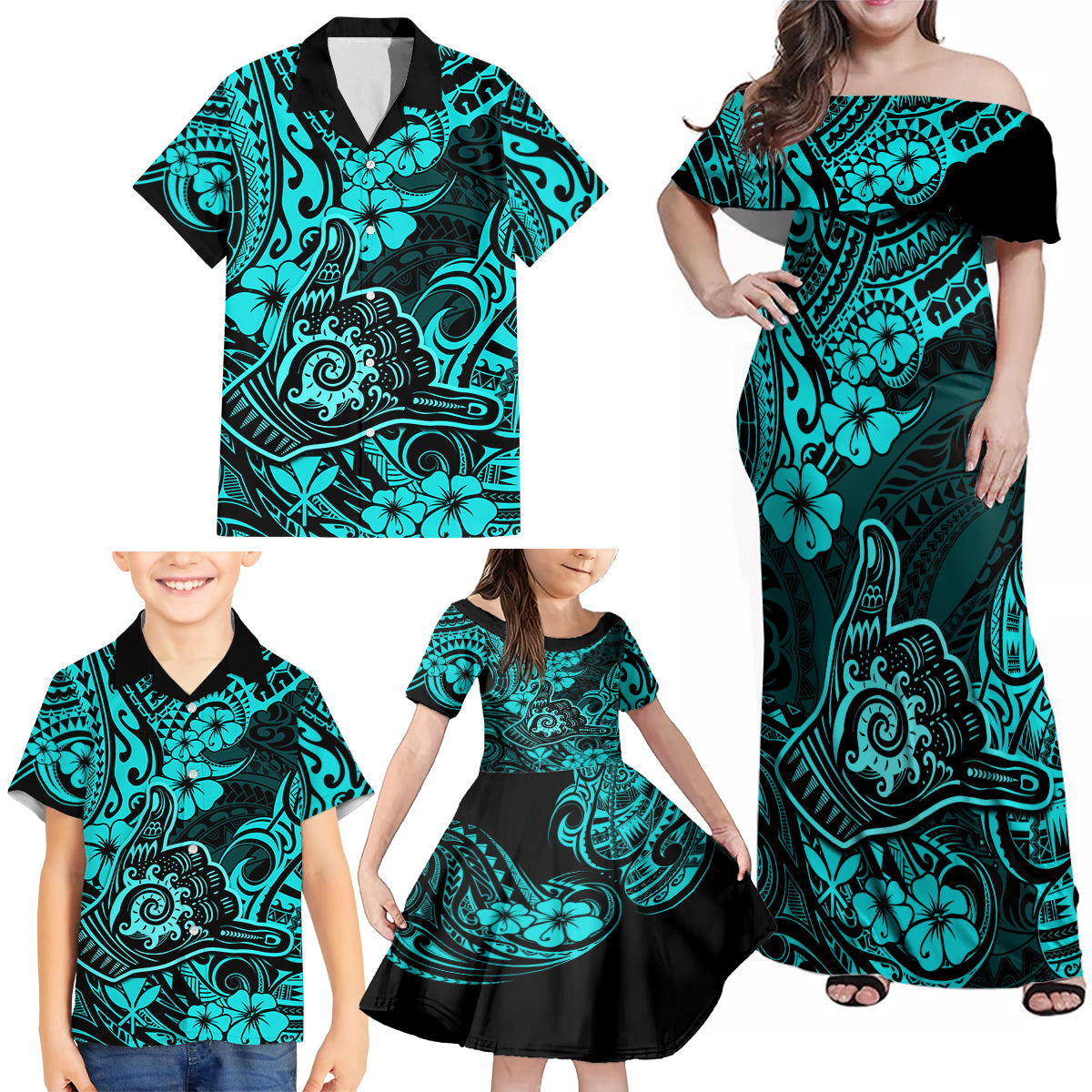 Hawaii Shaka Sign Family Matching Off Shoulder Maxi Dress and Hawaiian Shirt Polynesian Pattern Turquoise Version - Wonder Print Shop