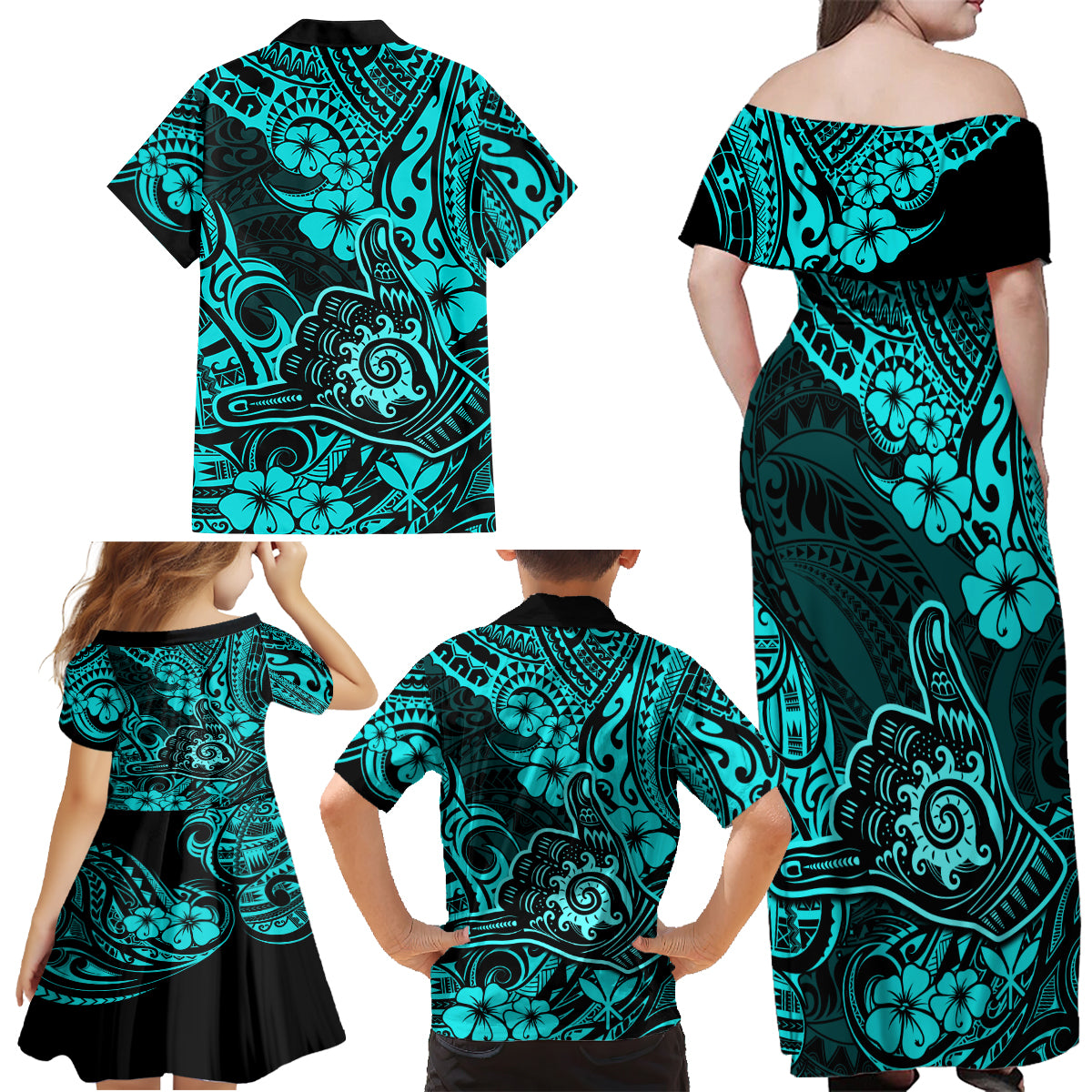 Hawaii Shaka Sign Family Matching Off Shoulder Maxi Dress and Hawaiian Shirt Polynesian Pattern Turquoise Version - Wonder Print Shop