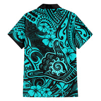 Hawaii Shaka Sign Family Matching Off Shoulder Maxi Dress and Hawaiian Shirt Polynesian Pattern Turquoise Version - Wonder Print Shop