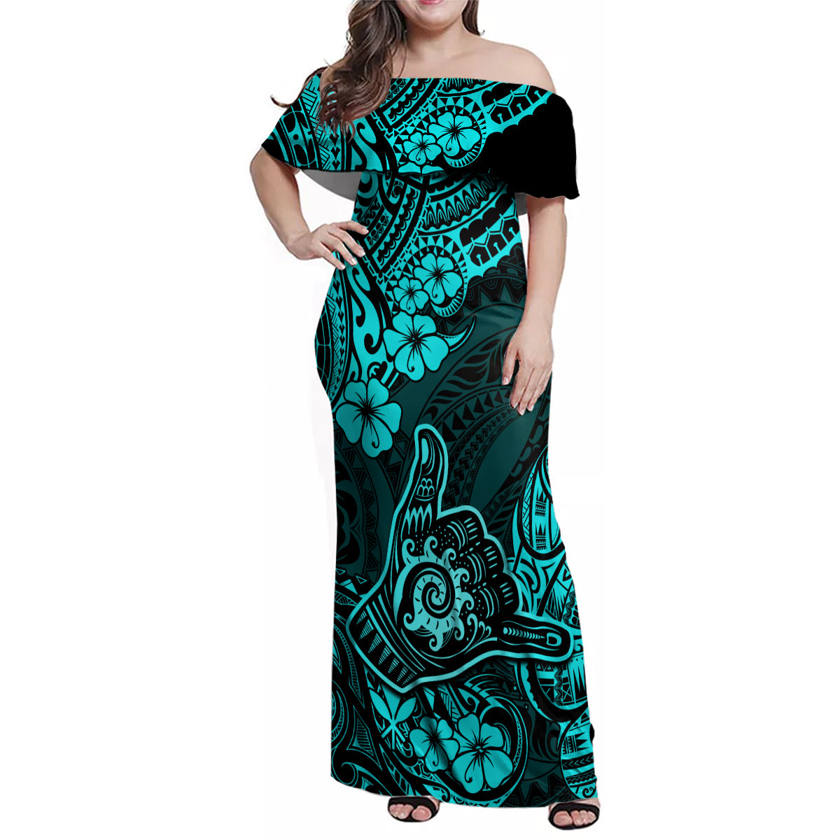 Hawaii Shaka Sign Family Matching Off Shoulder Maxi Dress and Hawaiian Shirt Polynesian Pattern Turquoise Version - Wonder Print Shop