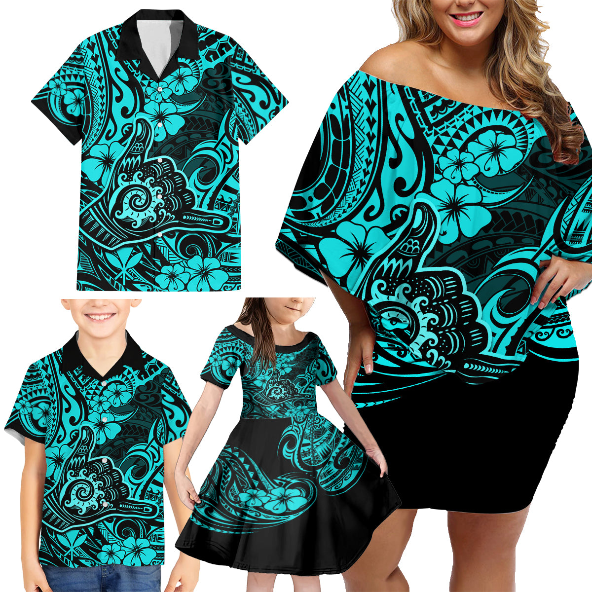 Hawaii Shaka Sign Family Matching Off Shoulder Short Dress and Hawaiian Shirt Polynesian Pattern Turquoise Version - Wonder Print Shop