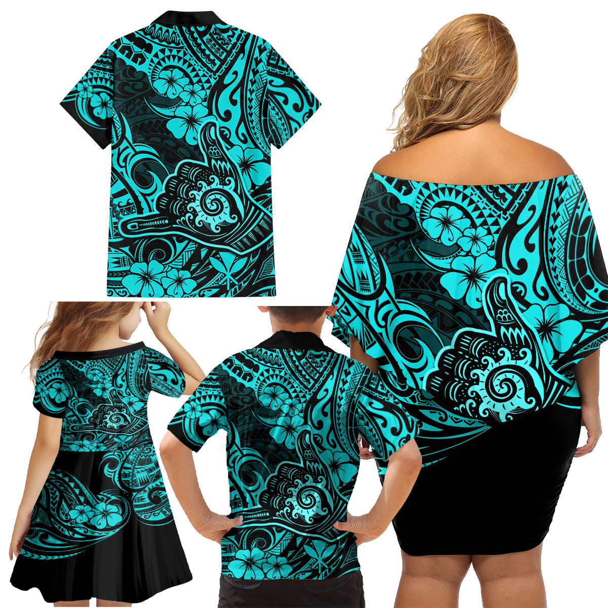 Hawaii Shaka Sign Family Matching Off Shoulder Short Dress and Hawaiian Shirt Polynesian Pattern Turquoise Version - Wonder Print Shop