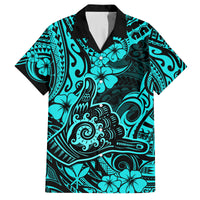 Hawaii Shaka Sign Family Matching Off Shoulder Short Dress and Hawaiian Shirt Polynesian Pattern Turquoise Version - Wonder Print Shop