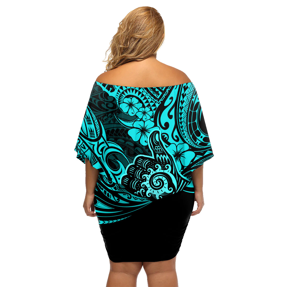 Hawaii Shaka Sign Family Matching Off Shoulder Short Dress and Hawaiian Shirt Polynesian Pattern Turquoise Version - Wonder Print Shop