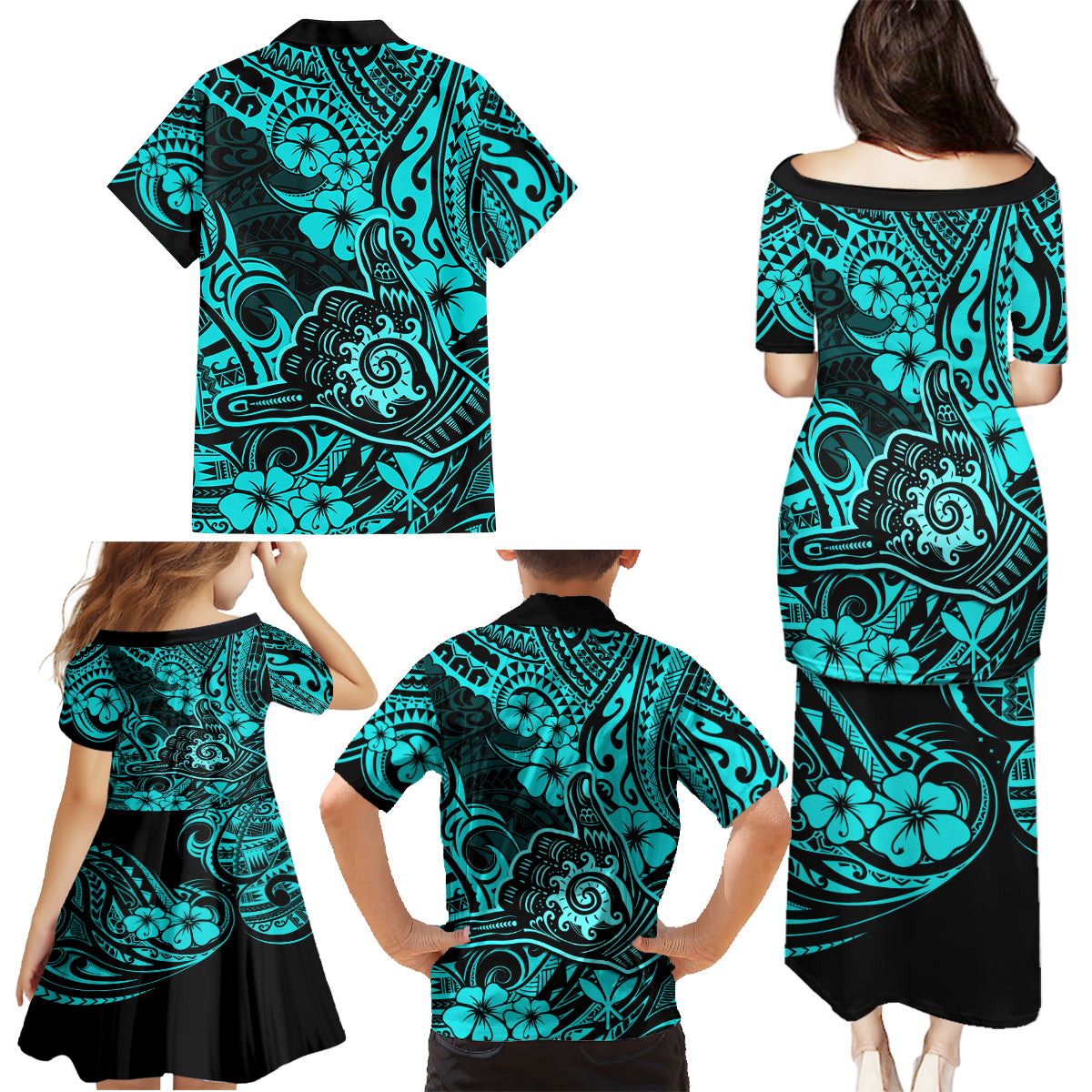 Hawaii Shaka Sign Family Matching Puletasi Dress and Hawaiian Shirt Polynesian Pattern Turquoise Version - Wonder Print Shop