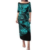 Hawaii Shaka Sign Family Matching Puletasi Dress and Hawaiian Shirt Polynesian Pattern Turquoise Version - Wonder Print Shop