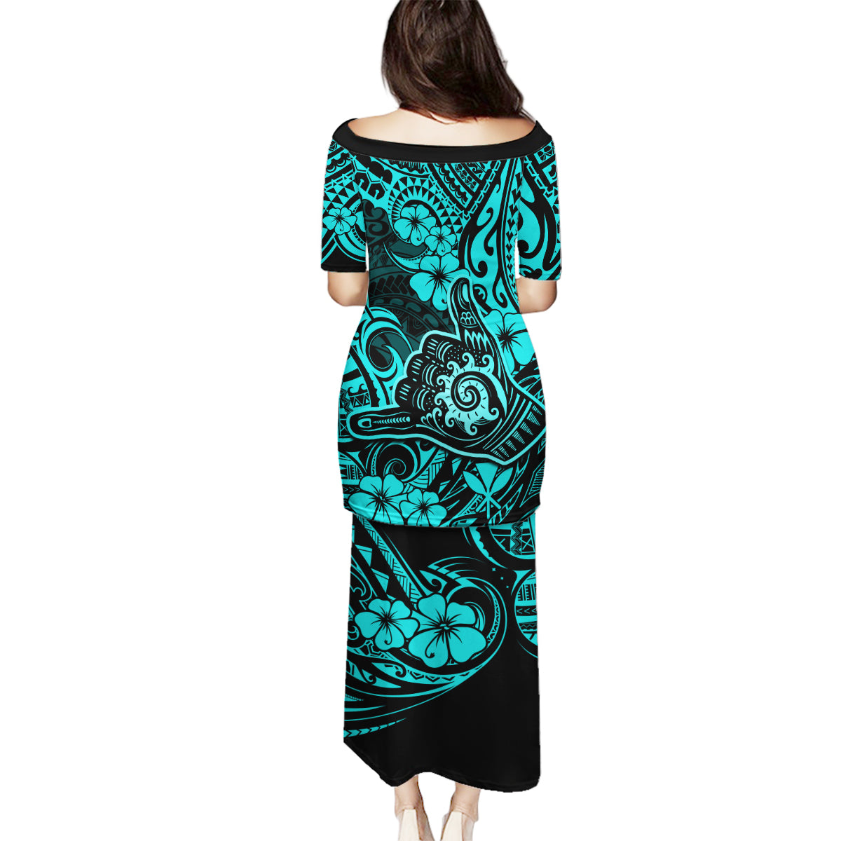 Hawaii Shaka Sign Family Matching Puletasi Dress and Hawaiian Shirt Polynesian Pattern Turquoise Version - Wonder Print Shop