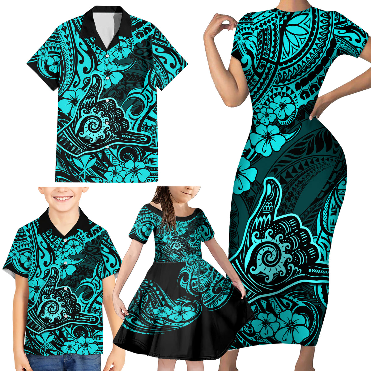 Hawaii Shaka Sign Family Matching Short Sleeve Bodycon Dress and Hawaiian Shirt Polynesian Pattern Turquoise Version - Wonder Print Shop