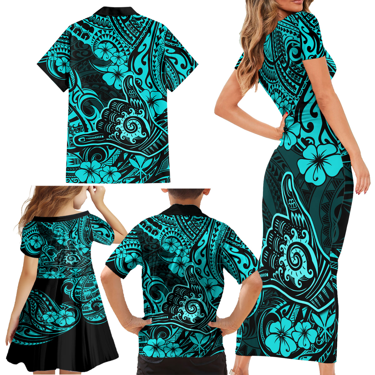 Hawaii Shaka Sign Family Matching Short Sleeve Bodycon Dress and Hawaiian Shirt Polynesian Pattern Turquoise Version - Wonder Print Shop
