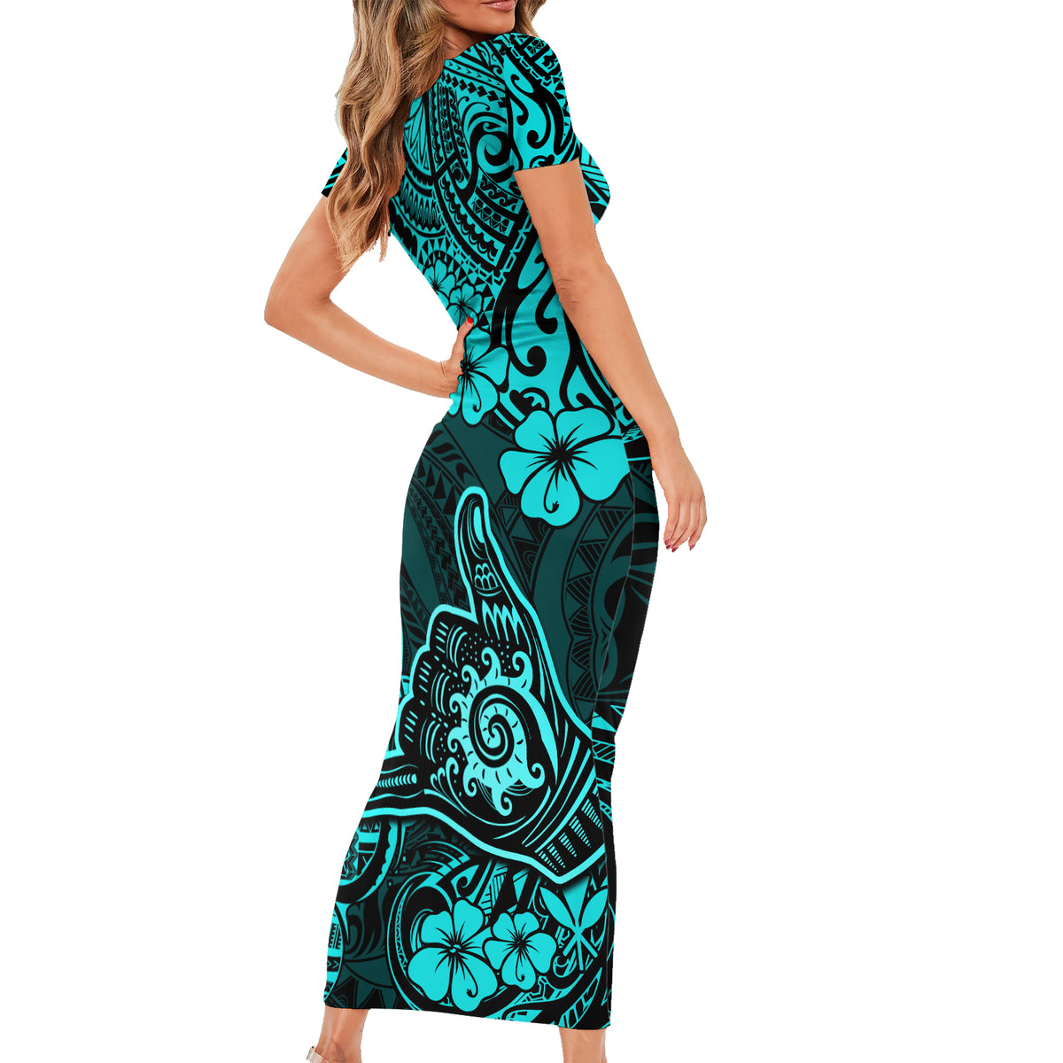 Hawaii Shaka Sign Family Matching Short Sleeve Bodycon Dress and Hawaiian Shirt Polynesian Pattern Turquoise Version - Wonder Print Shop