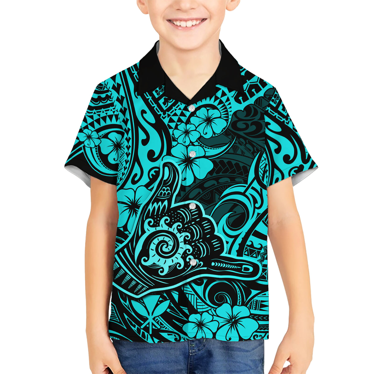Hawaii Shaka Sign Family Matching Short Sleeve Bodycon Dress and Hawaiian Shirt Polynesian Pattern Turquoise Version - Wonder Print Shop