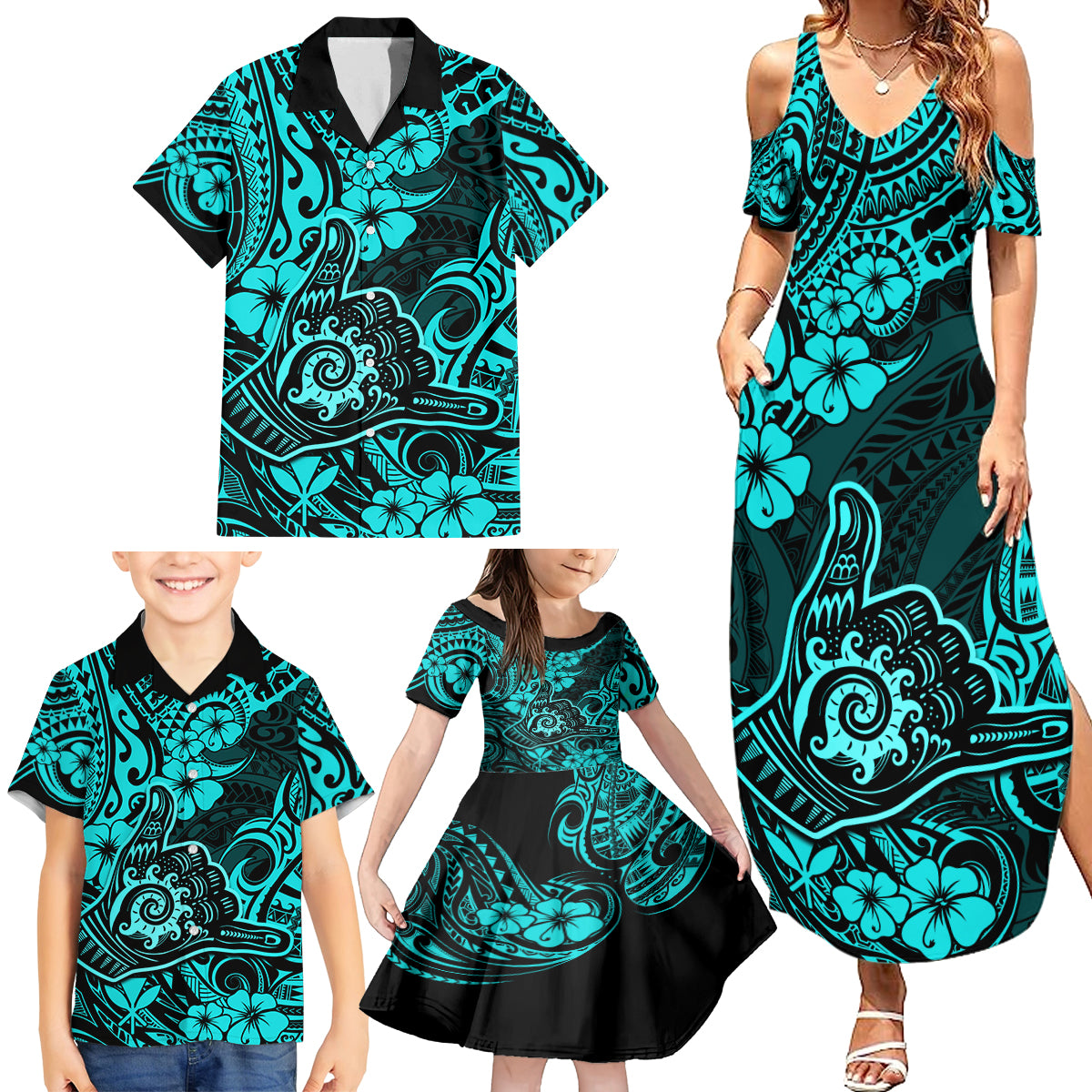 Hawaii Shaka Sign Family Matching Summer Maxi Dress and Hawaiian Shirt Polynesian Pattern Turquoise Version - Wonder Print Shop