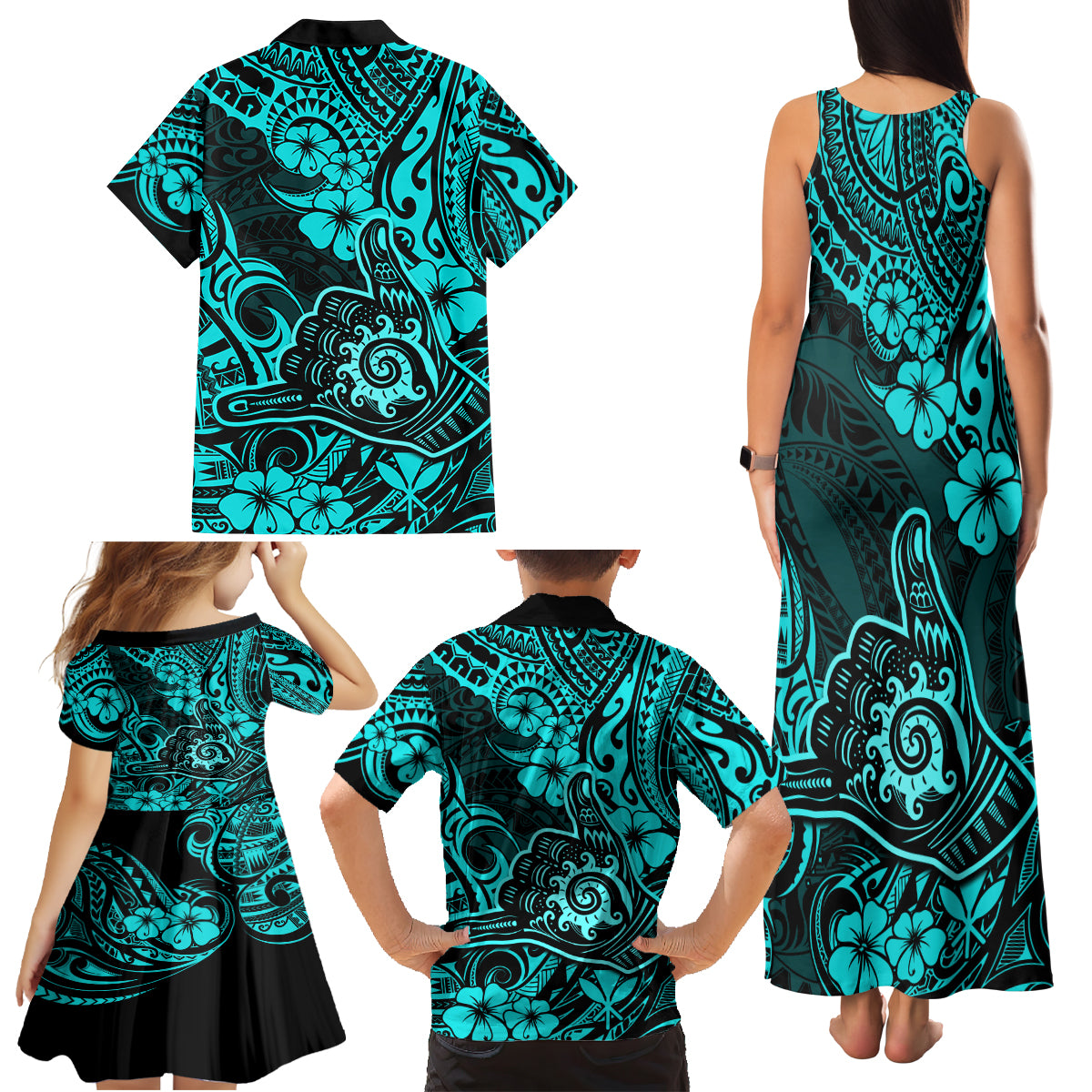 Hawaii Shaka Sign Family Matching Tank Maxi Dress and Hawaiian Shirt Polynesian Pattern Turquoise Version - Wonder Print Shop