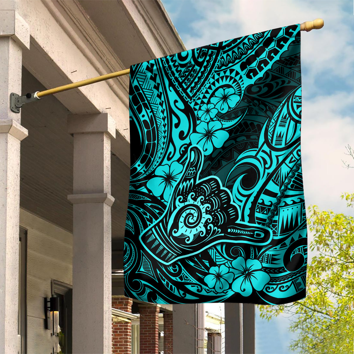 Hawaii Shaka Sign Garden Flag Polynesian Pattern Turquoise Version - Wonder Print Shop
