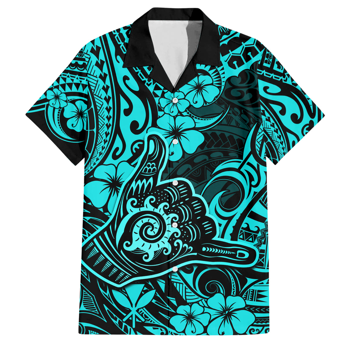 Hawaii Shaka Sign Hawaiian Shirt Polynesian Pattern Turquoise Version - Wonder Print Shop