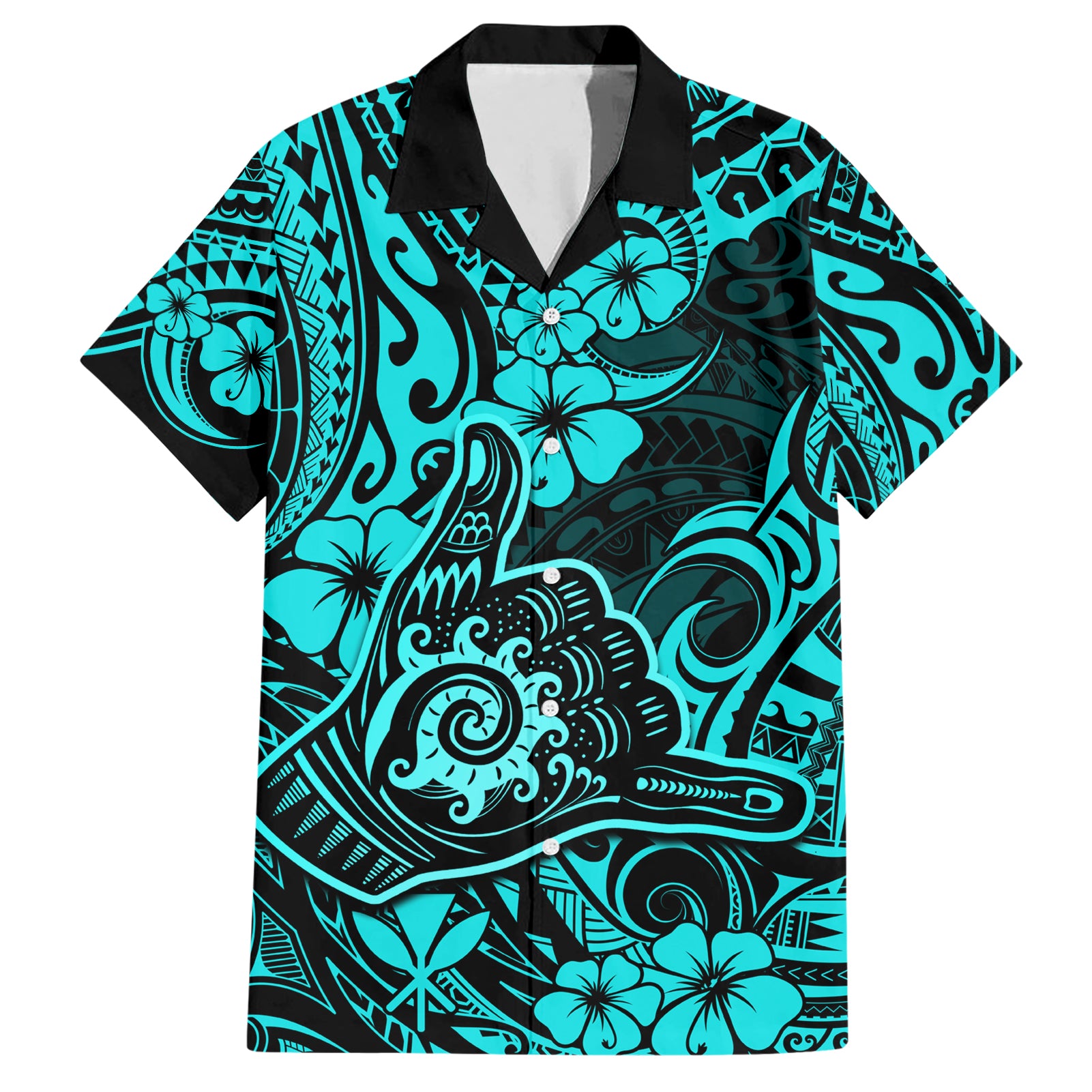 Hawaii Shaka Sign Hawaiian Shirt Polynesian Pattern Turquoise Version - Wonder Print Shop