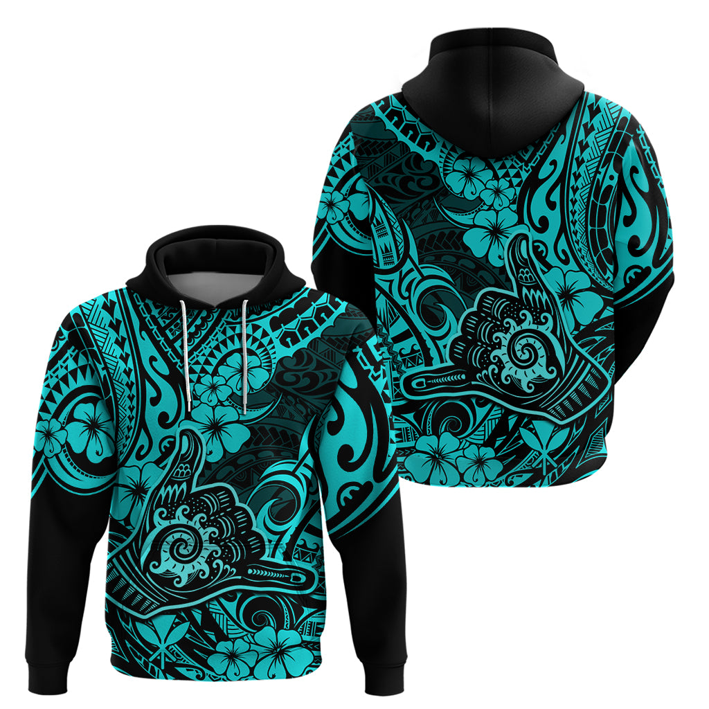 Hawaii Shaka Sign Hoodie Polynesian Pattern Turquoise Version - Wonder Print Shop