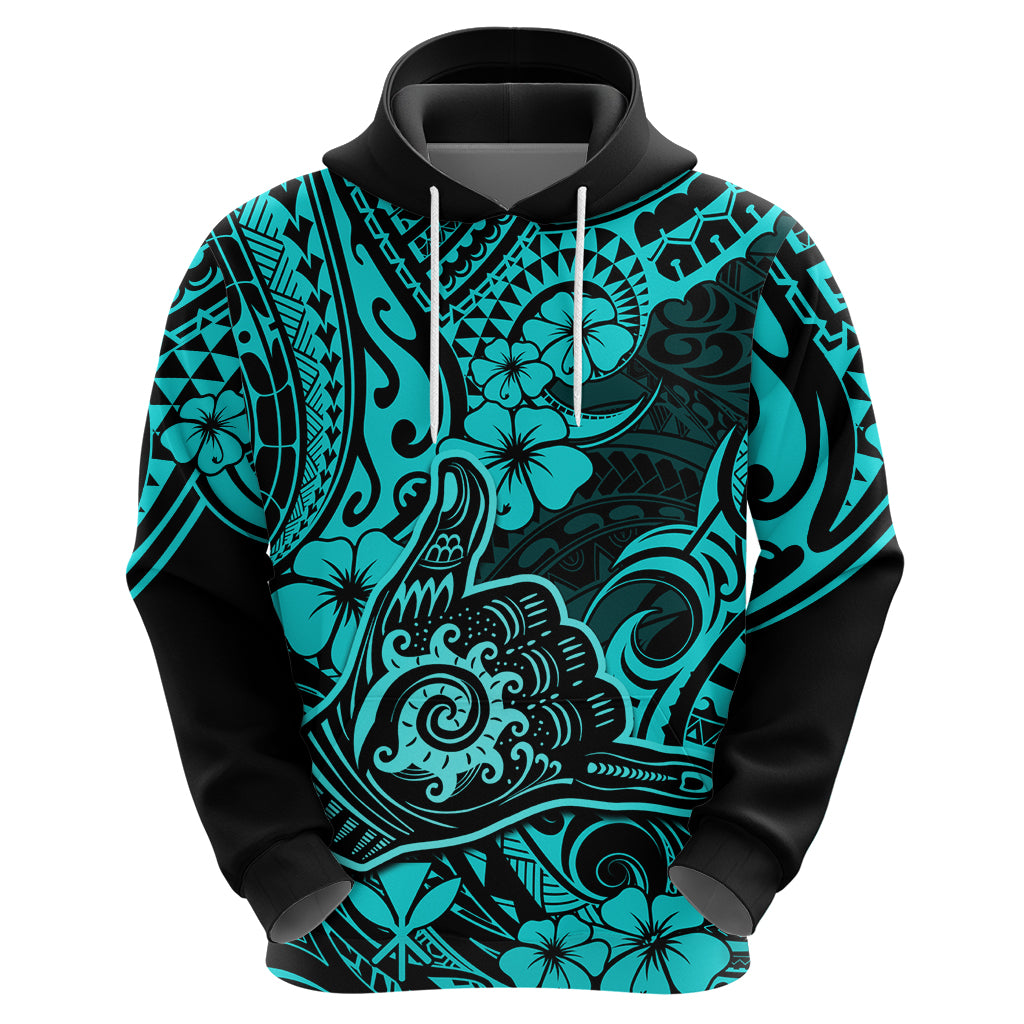 Hawaii Shaka Sign Hoodie Polynesian Pattern Turquoise Version - Wonder Print Shop
