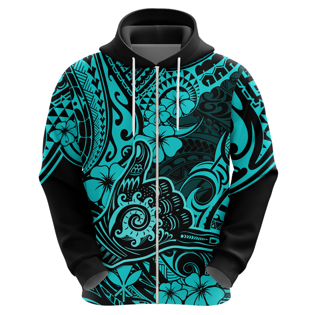 Hawaii Shaka Sign Hoodie Polynesian Pattern Turquoise Version - Wonder Print Shop
