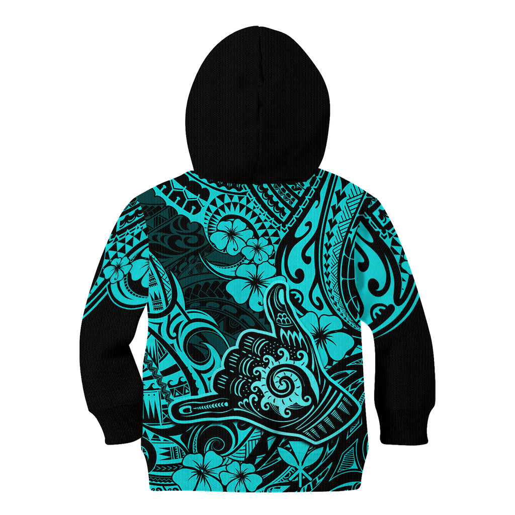 Hawaii Shaka Sign Kid Hoodie Polynesian Pattern Turquoise Version - Wonder Print Shop
