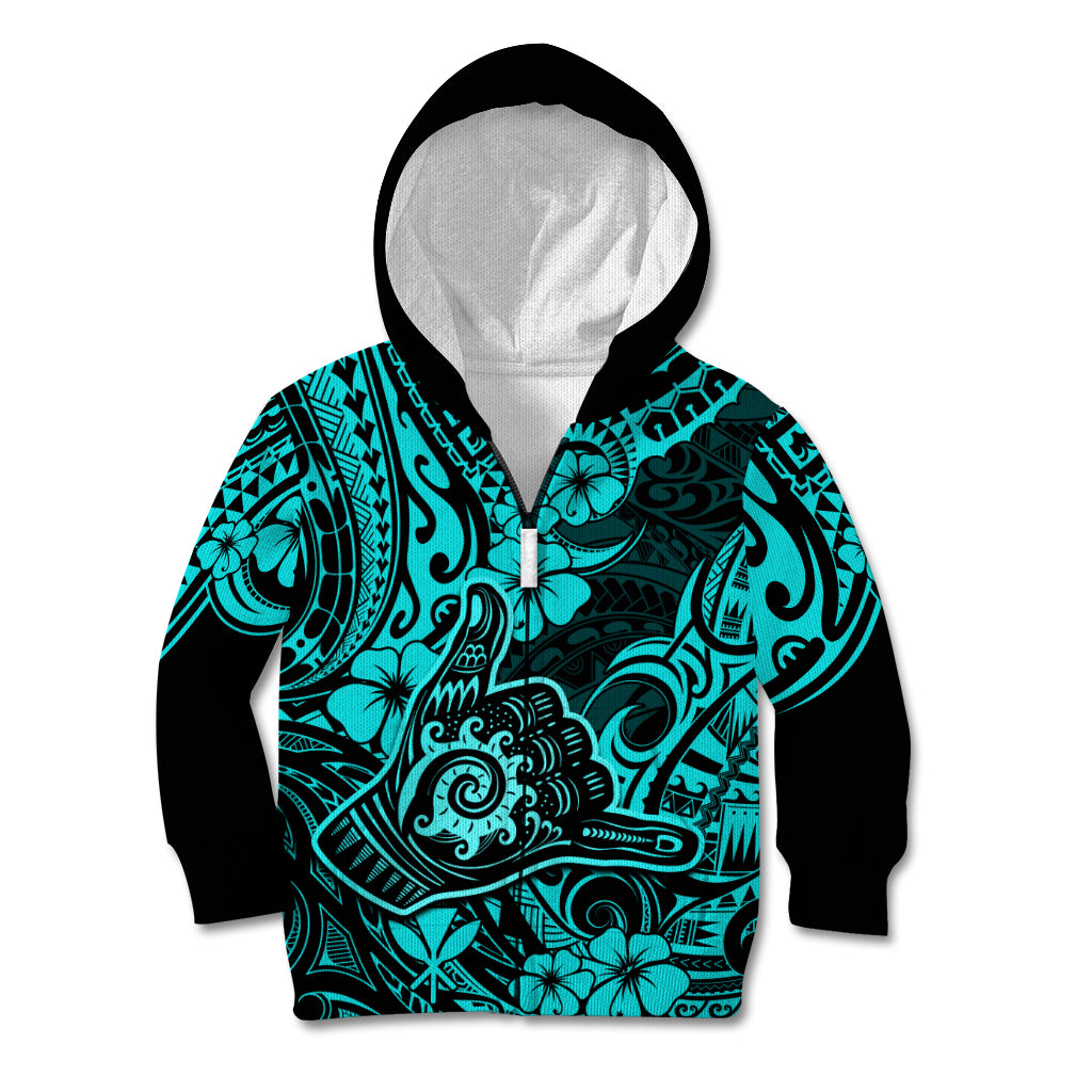 Hawaii Shaka Sign Kid Hoodie Polynesian Pattern Turquoise Version - Wonder Print Shop