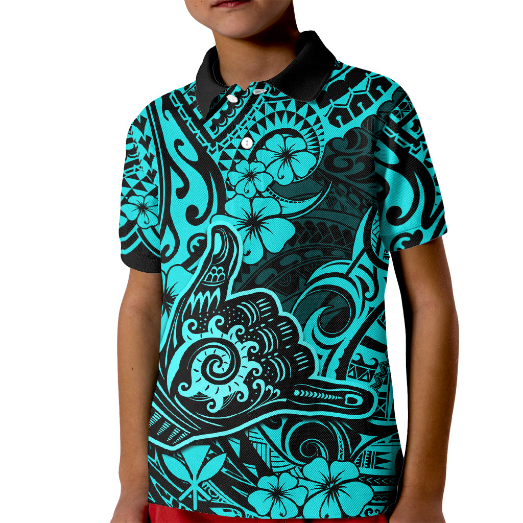 Hawaii Shaka Sign Kid Polo Shirt Polynesian Pattern Turquoise Version - Wonder Print Shop