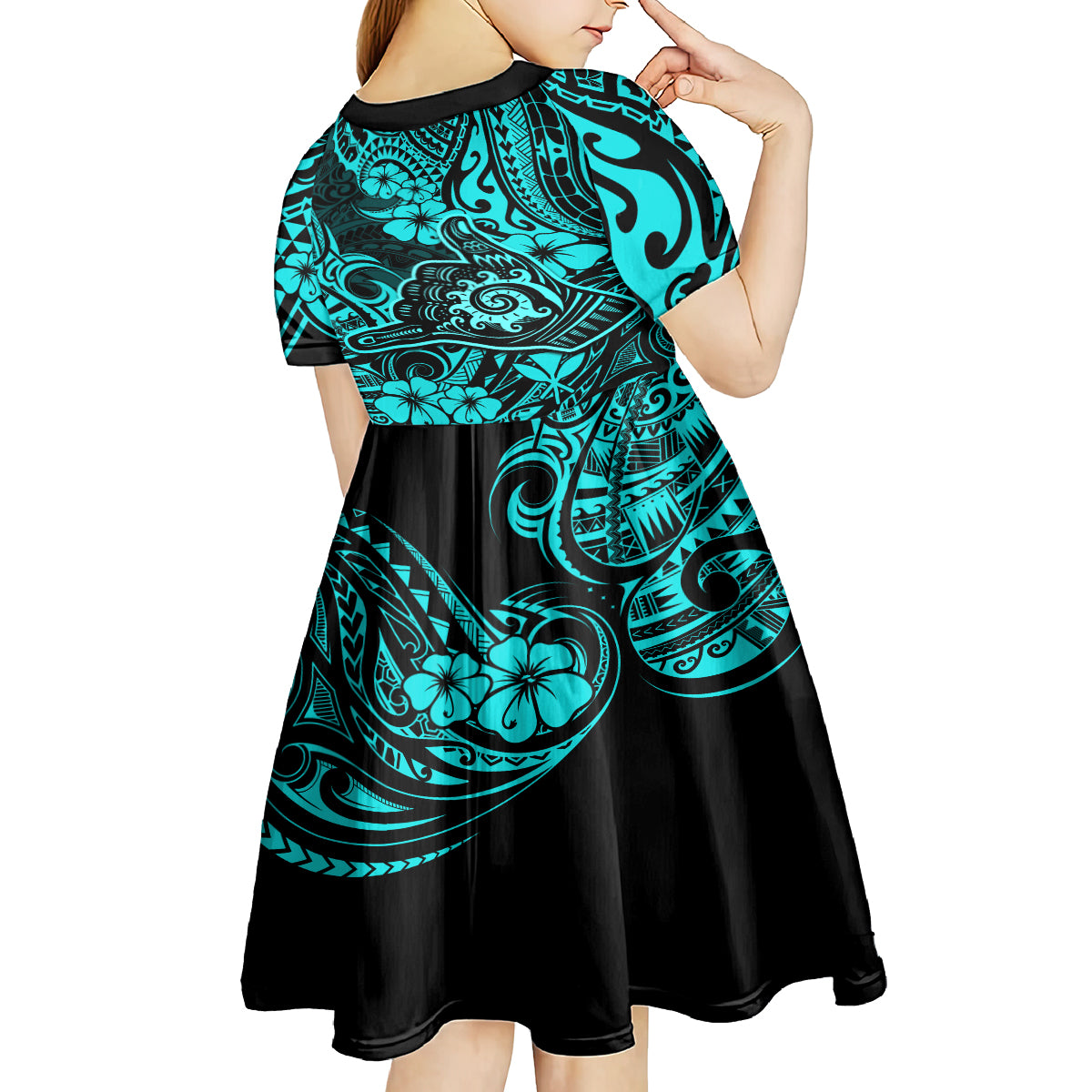 Hawaii Shaka Sign Kid Short Sleeve Dress Polynesian Pattern Turquoise Version - Wonder Print Shop