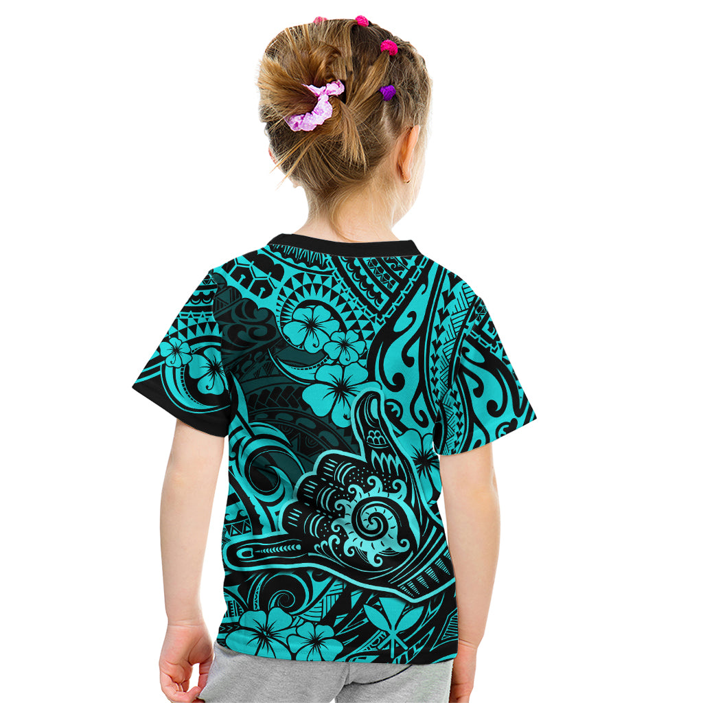 Hawaii Shaka Sign Kid T Shirt Polynesian Pattern Turquoise Version - Wonder Print Shop