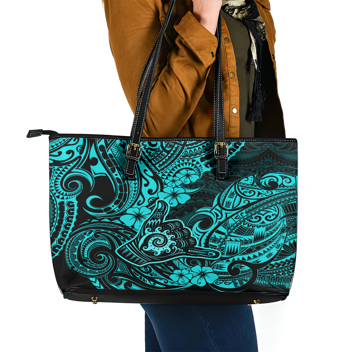 Hawaii Shaka Sign Leather Tote Bag Polynesian Pattern Turquoise Version - Wonder Print Shop