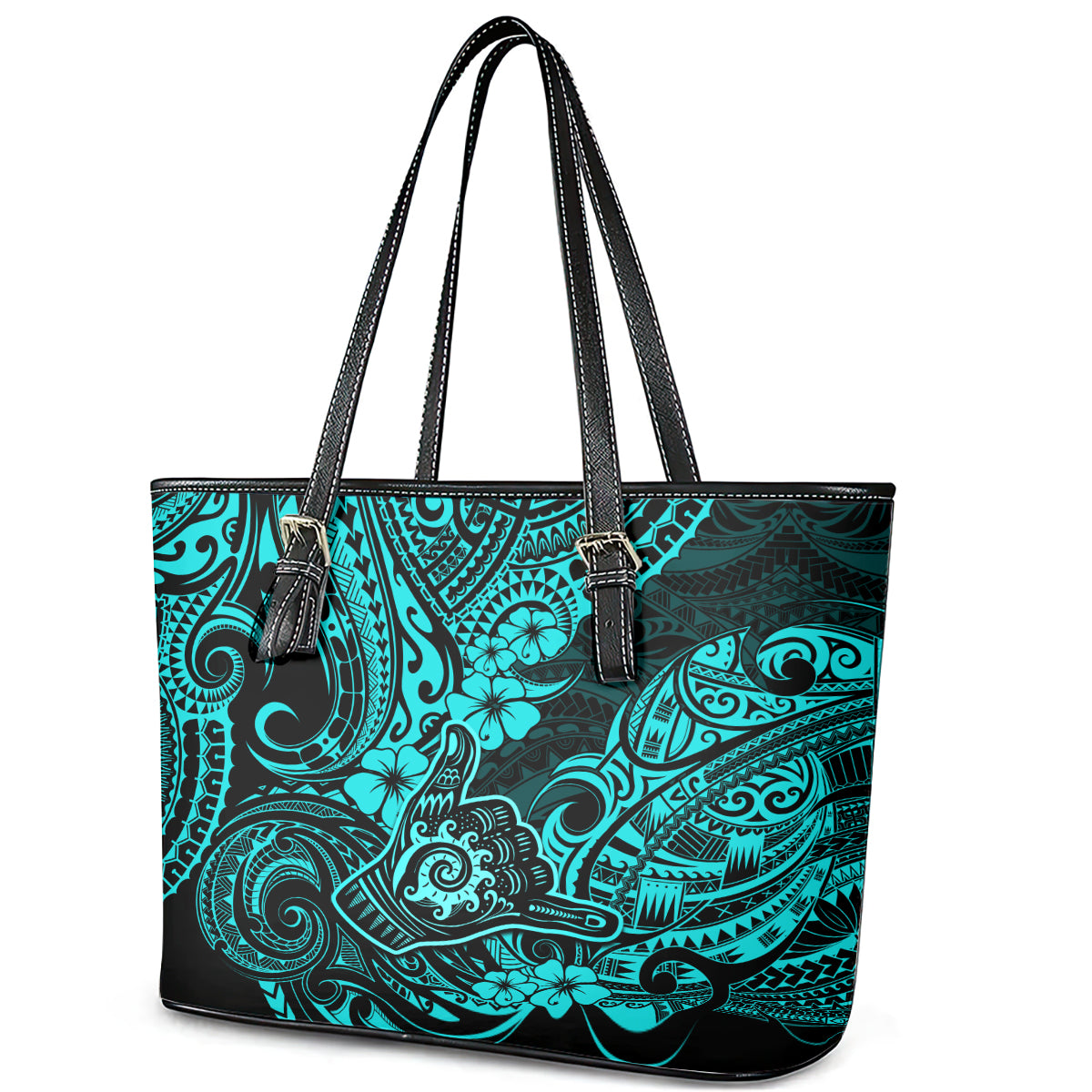 Hawaii Shaka Sign Leather Tote Bag Polynesian Pattern Turquoise Version - Wonder Print Shop