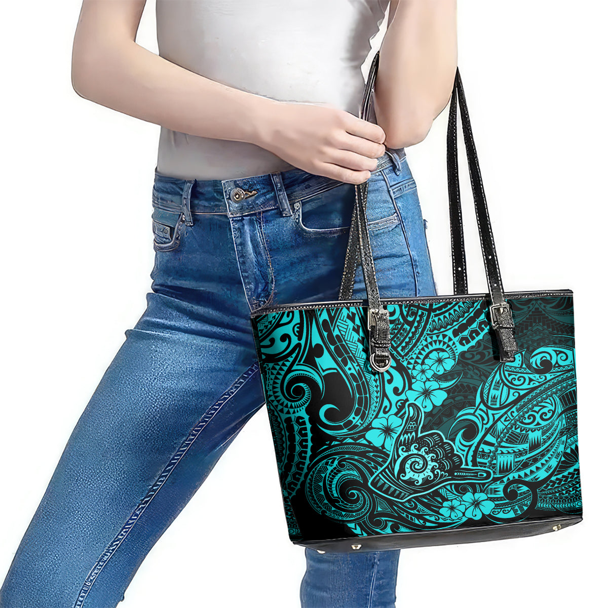 Hawaii Shaka Sign Leather Tote Bag Polynesian Pattern Turquoise Version - Wonder Print Shop