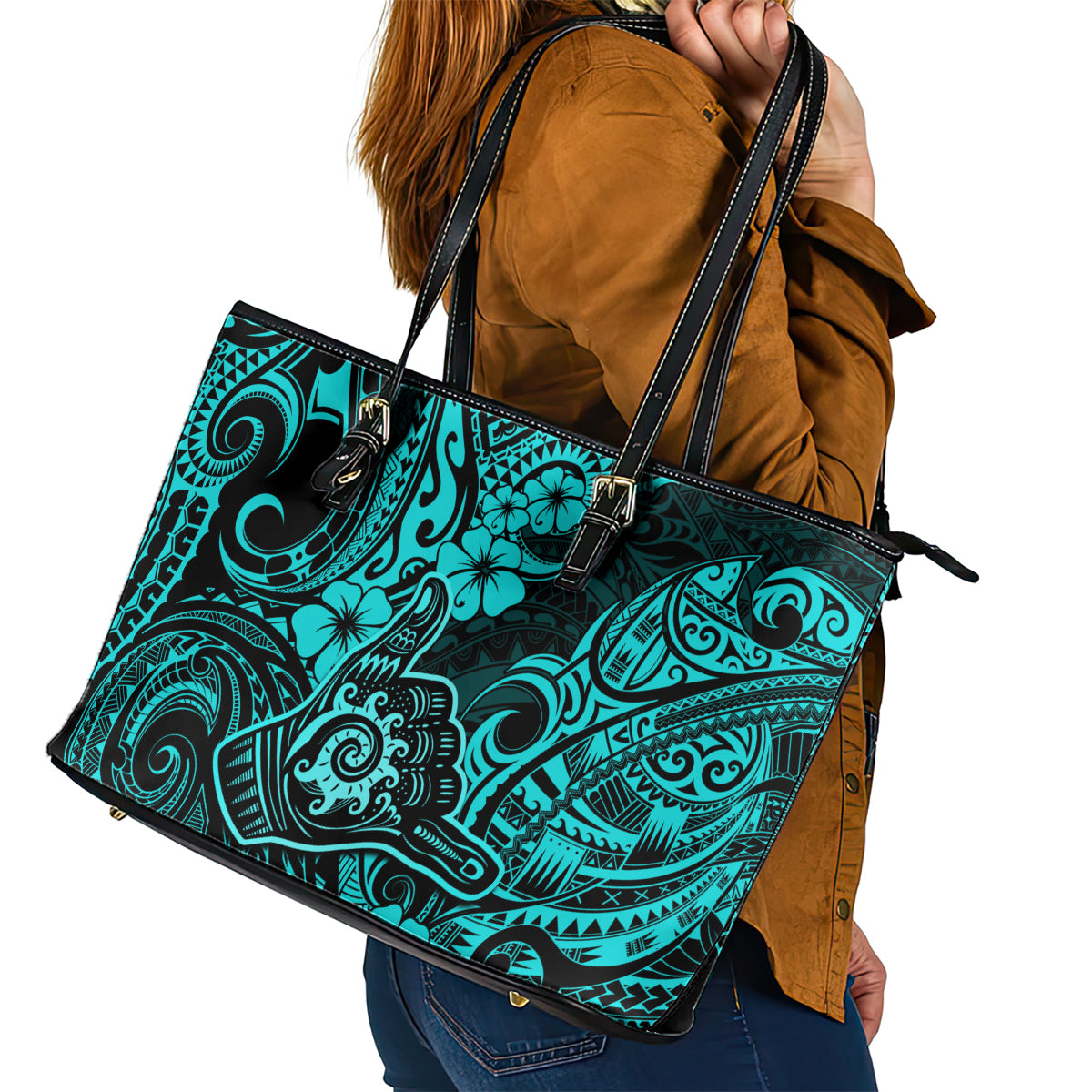 Hawaii Shaka Sign Leather Tote Bag Polynesian Pattern Turquoise Version - Wonder Print Shop